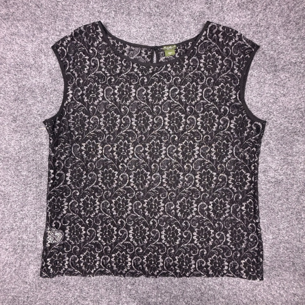 Eddie Bauer Women's XL Black Floral Lace Sleeveless Keyhole Blouse Lined